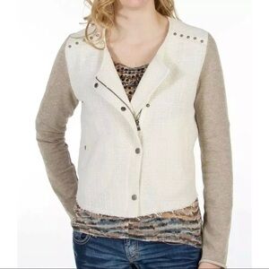Miss Me Women Sz M Pieced Cropped Moto Jacket Full Zip Studded Lightweight Cream